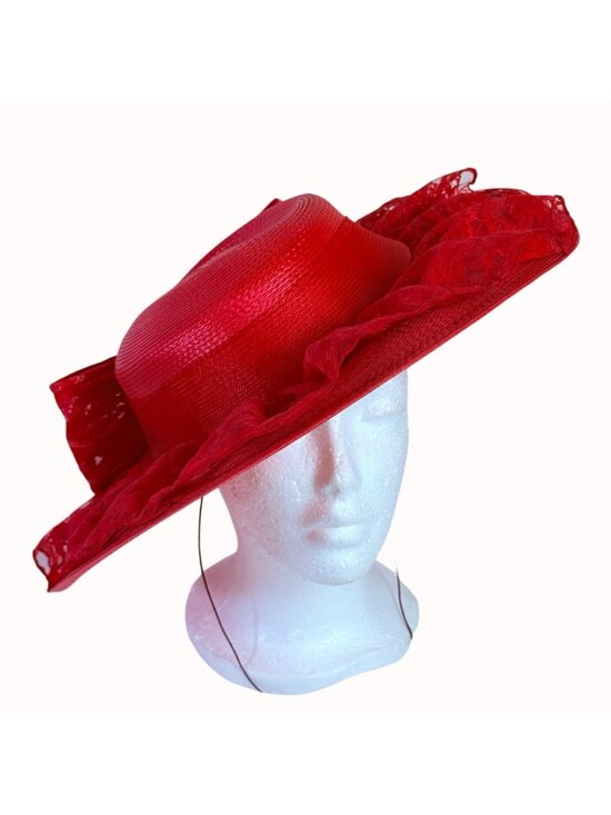 Red Wide Brim Hat Flat Top Church Fashion VTG Layered Lace Bow Derby Fascinator main image 12